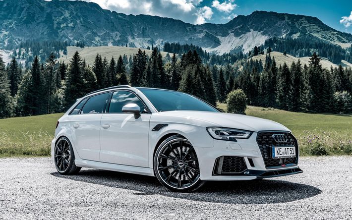 Audi RS3 parked in front of mountains — placeholder automotive photography